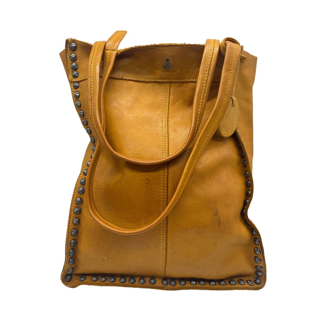 Harbour 2nd Caramel Brown Soft Leather North South Tote Bag Studded Gold